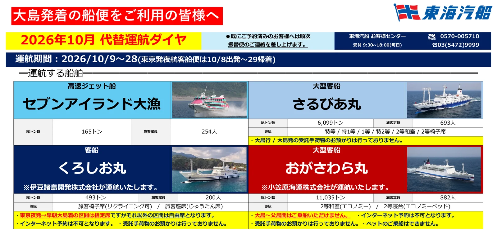 大島発着の船便をご利用の皆様へ 2026年10月 代替運航ダイヤ 運航期間:2026年10月9日〜28日(東京発夜航客船便は10月8日出発〜29日帰着)運航する船舶:セブンアイランド大漁、さるびあ丸、くろしお丸、おがさわら丸
